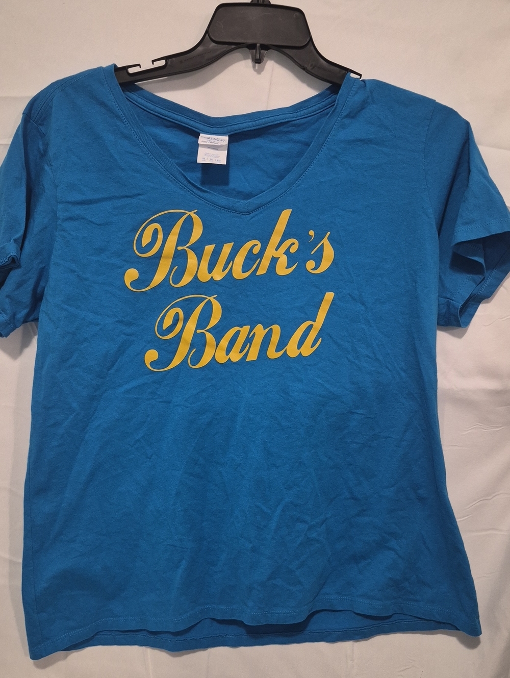 Port and Company Blue V-Neck Tee with Yellow "Buck's Band" Script
